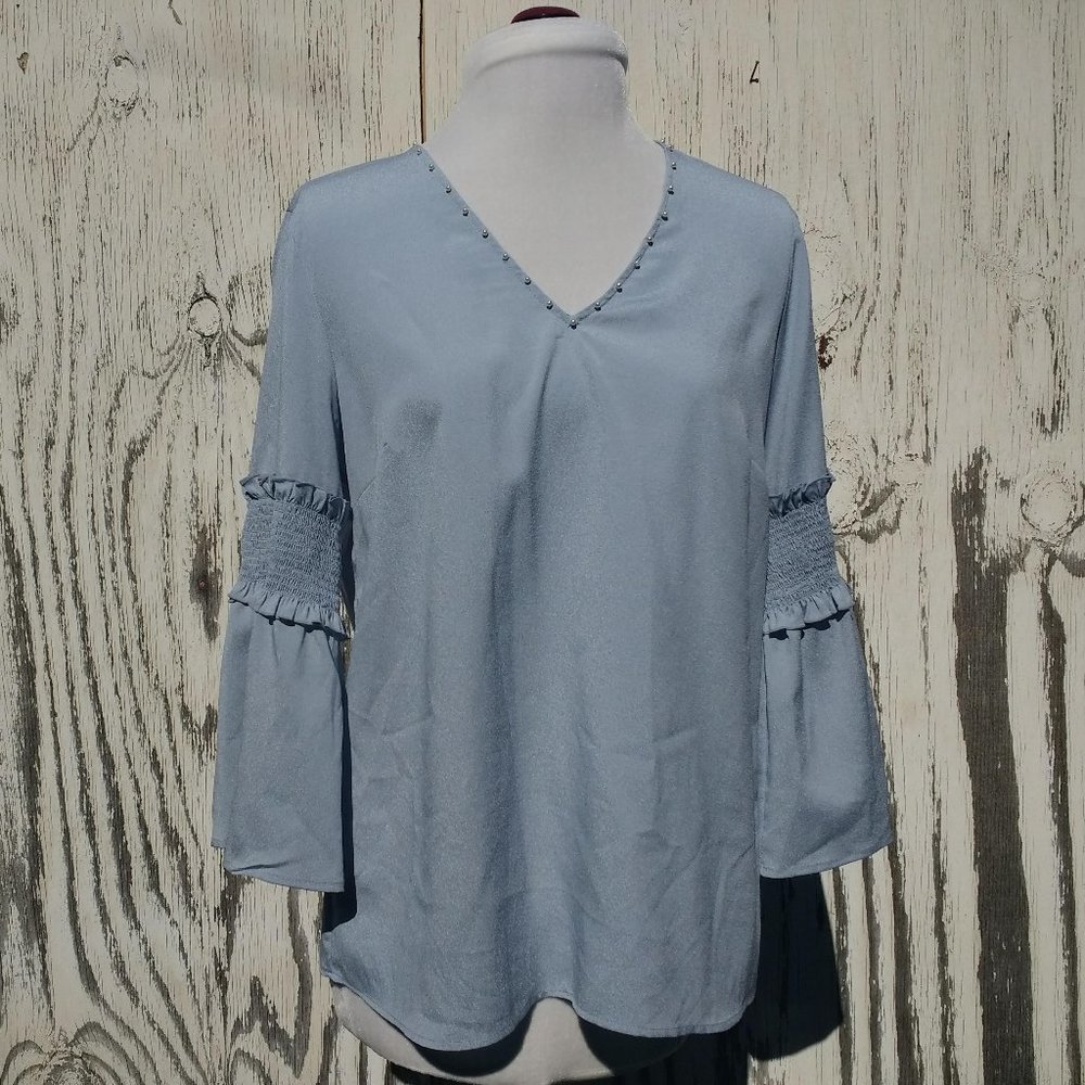 Karl Lagerfeld Smocked Bell Sleeve Blouse - Small